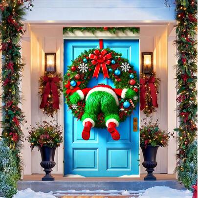 1件装圣诞小矮人花环门饰 - 节日圣诞门饰，小矮人主题花环，配红色蝴蝶结和装饰品，可爱的圣诞前门装饰，节日家居装饰用品，送给小矮人爱好者的圣诞礼物和家居装饰