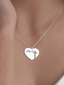 1PC Custom Personalized Engraved Heart-Shaped Hollow Cross Pendant Necklace, Stainless Steel Jewelry, Custom Jewelry, Women's Necklace, Custom Name Necklace, Gold Necklace And Silver Necklace, Customizable Items, Cross Necklace, Various Chinese Gifts, Customized Christmas Gifts, Halloween Gifts, Valentine's Day, Mother's Day, Birthdays And Anniversaries Elegant Bohemian Jewelry Gifts - Multicolor - View 4