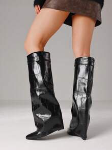Fashion Women Knee High Boots Metal Pointed Toe Chunky Heels Fold Over Luxury Punk Goth Design Cool Women Fold Over Shoes - Blackstone - 查看 3