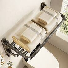 2-Tier Space Saving Wall Mounted Towel Rack With Hooks, Foldable Bathroom Storage Shelf, Suitable For Modern Bathroom - Stylish Design, Durable Metal Structure, Convenient Bathroom Towel Holder, Towel Bar