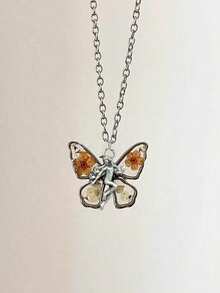1pc Vintage Floral Fairy Butterfly Dried Flower Pendant Necklace, Suitable For Women Any Occasion