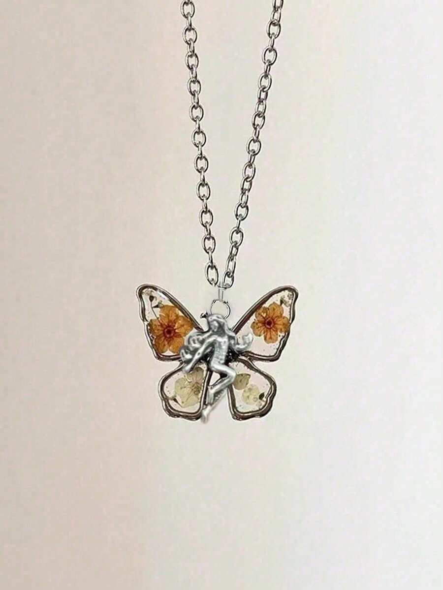 1pc Vintage Floral Fairy Butterfly Dried Flower Pendant Necklace, Suitable For Women Any Occasion