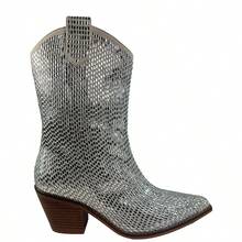 ARiderGirl Miracle Women's Western Cowboy Boots Crystal Rhinestone Embellished Stacked Leather Heel With Stitched Welt Snip Pointed Toe Mid Calf Boots - 銀色 - 查看 4