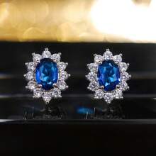 1 Pair Halo Stud Earrings For Women, Oval Cubic Zirconia With Crystal Surround, Metallic Tone Vintage Inspired Jewelry, Multiple Colors Available - Màu xanh lam - Xem 3