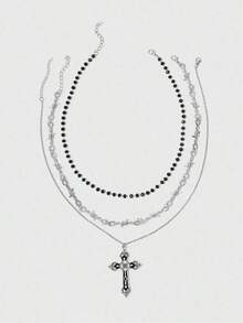 3pcs Vintage Gothic Style Beaded Black Heart OT Chain, Punk Rock Retro Sweet Goth Cross Necklace, Dark Gothic European & American Y2K Choker Necklace Design - 銀級 3 - 查看 6
