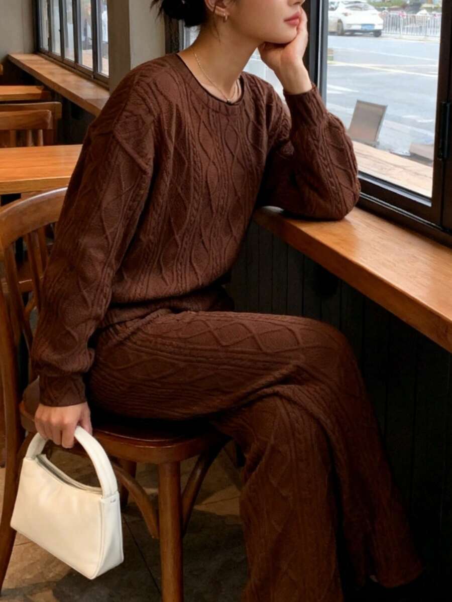 Autumn And Winter European And American Women's Clothing, New Ribbed Jacquard Trousers Casual Two-Piece Suits, Casual And Fashionable, Versatile, The First Choice For Sports And Shopping, Economical And Affordable, Light, Comfortable And Soft, Personalized Niche Design - 咖啡棕 - 查看 1