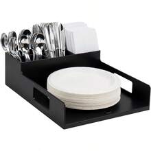 Mind Reader Anchor Collection Utensil Napkin And Plate Serving Tray Breakroom Countertop Organizer Plastic Black - Black - View 1