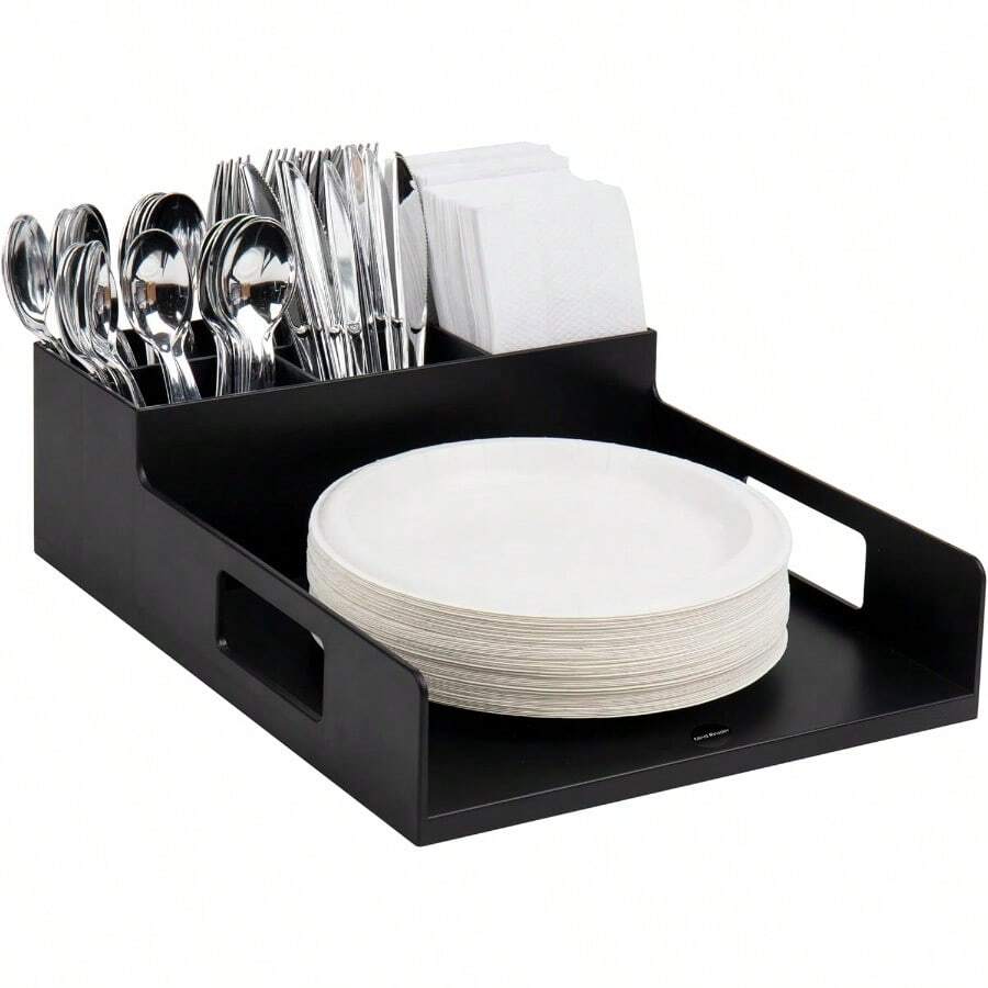 Mind Reader Anchor Collection Utensil Napkin And Plate Serving Tray Breakroom Countertop Organizer Plastic Black - Black - View 1