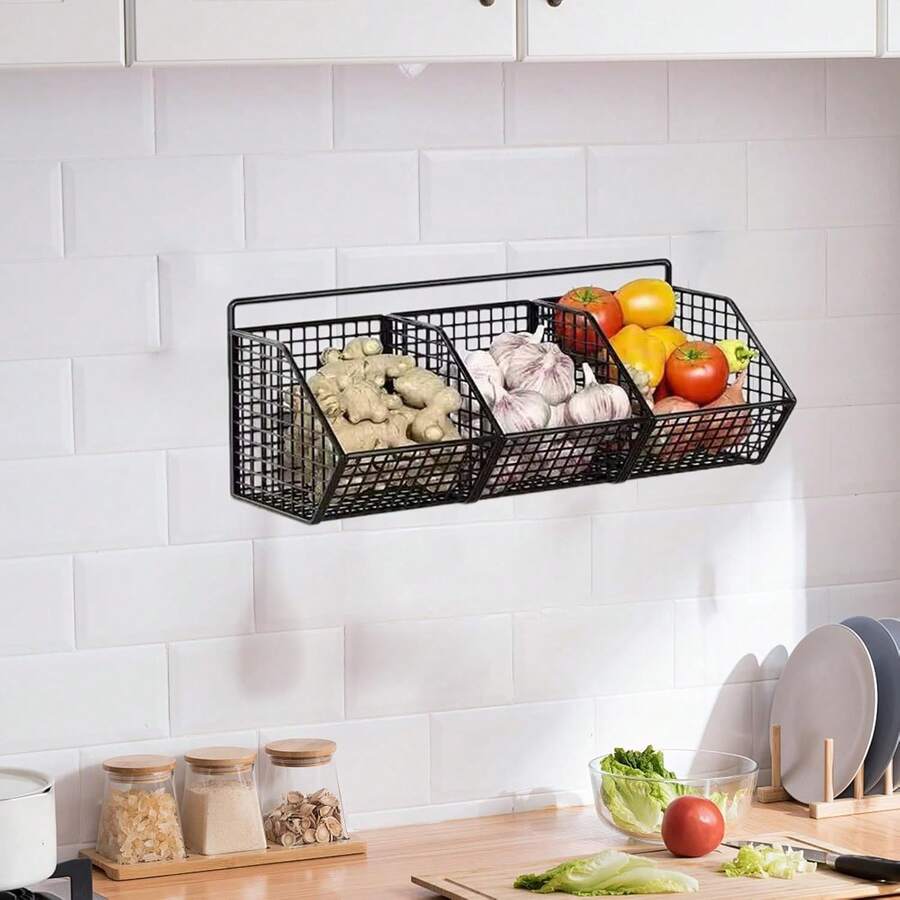 Kosz do przechowywania cebuli, 2/3-komorowy druciany organizer do przechowywania żywności, ścienny stojak, organizer na przyprawy do imbiru, jednowarstwowy, domowy koszyk na żywność, ścienny stojak na przyprawy do warzyw
