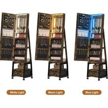 Organizador de Joyas con Espejo de Cuerpo Completo 168 cm, Joyero de Pie con Cerradura, Luz LED, Cajón y Estante Trasero – Clóset Moderno para Almacenaje & Beauty - Marrón - Ver 5