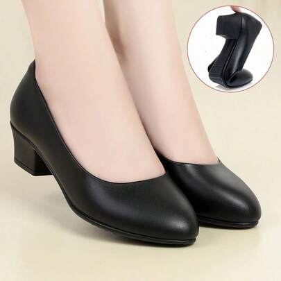 高跟浅口鞋，粗跟低鞋面圆头轻便软底工作鞋，不疲劳女式浅口鞋，方扣中跟空姐鞋，黑色舒适正装鞋，可搭配西装，优雅高跟鞋，适合所有季节，纯色 PU 皮革女鞋