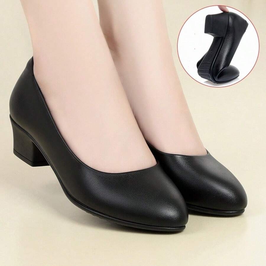 高跟浅口鞋，粗跟低鞋面圆头轻便软底工作鞋，不疲劳女式浅口鞋，方扣中跟空姐鞋，黑色舒适正装鞋，可搭配西装，优雅高跟鞋，适合所有季节，纯色 PU 皮革女鞋 - 黑色 - 查看 1