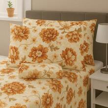Double Sheet Set With Elastic, 3 Pieces, 100% Cotton, Pillowcase With Stick Stitch Detail, Printed Bed Linens - Floral Terracotta - View 2