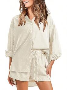 EXLURA - Conjunto de 2 piezas para mujer, de manga larga con botones, conjunto corto a juego, pijama de gran tamaño - Caqui - Ver 13