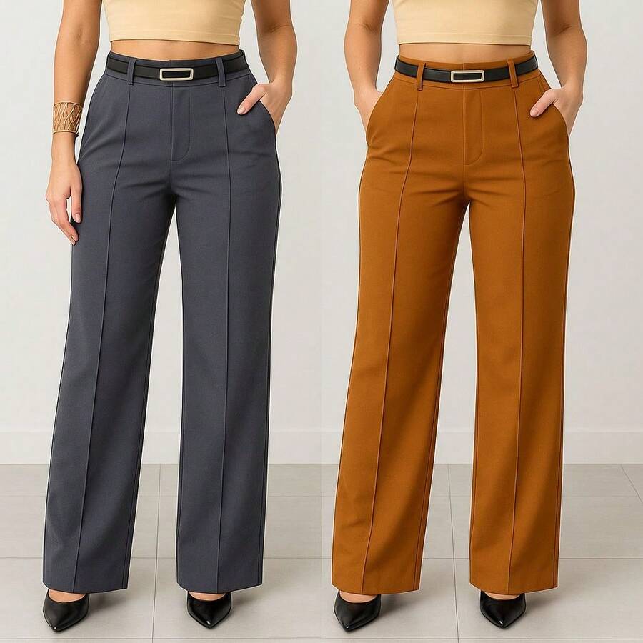 Kit Of 2 Women's Tailored Wide Leg Pants With Belt - Abu-abu / Karamel - View 1