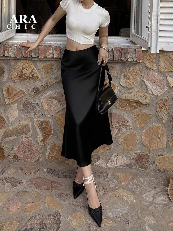 Falda midi de sirena drapeada negra para mujer ARA CHIC, una falda elegante y sexy de cintura alta y acampanada - Nuevo estilo de otoño e invierno para la oficina y citas