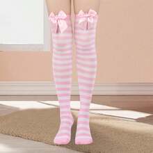 Women Thigh High Stockings Stylish Comfortable Striped Pattern Bow Decorative Socks For Daily Cosplay Party - Hồng - Xem 4