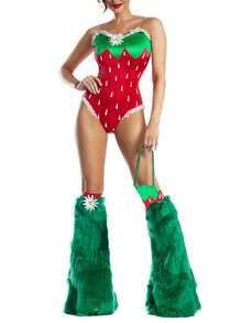 Women's Halloween Strawberry Cosplay Costume Bodysuit With Furry Leg Warmers Daisy Detail Festive Party Outfit - Đỏ - Xem 1