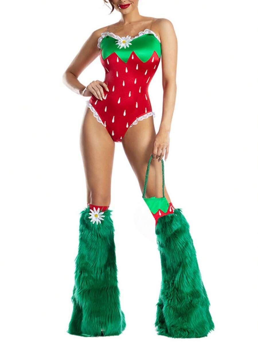 Women's Halloween Strawberry Cosplay Costume Bodysuit With Furry Leg Warmers Daisy Detail Festive Party Outfit - Đỏ - Xem 1