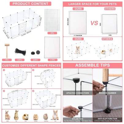Pet Playpen, Portable Small Animals Playpen With Barred Gate, Plastic Puppy Pen Indoor Hamster, Puppy, Rabbit, Rat, Guinea Pig, 12 Panels, 180x 90x 75