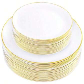 50 件/套透明金边圆形盘子，大号 10.25 英寸，小号 7.5 英寸，可重复使用且易于清洁的可爱餐具，适用于婚礼、生日派对、家庭聚会、户外团队建设、学校、返校活动