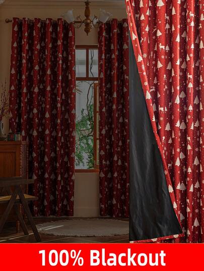 1pc New Christmas Red Christmas Tree & Deer 100% Blackout Curtain, Suitable For Villa, Balcony, Living Room, Bedroom Decor
