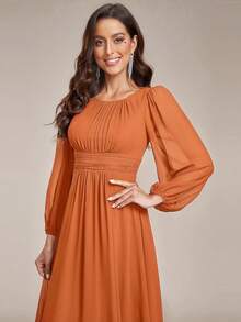 Đầm phù dâu tay dài, cổ tròn, dáng suông, chất liệu chiffon thanh lịch, thích hợp cho đám cưới hoặc mùa thu. - trái cam - Xem 6