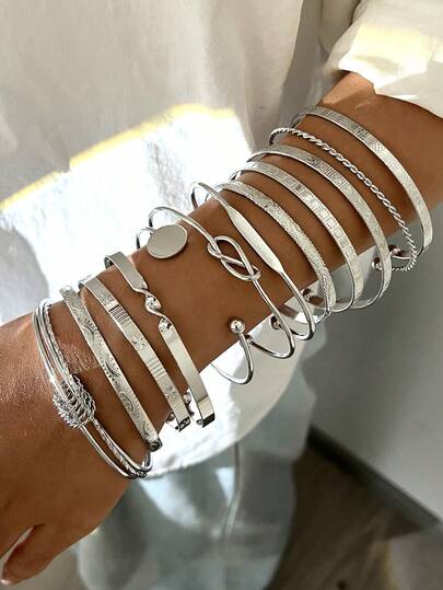 7pcs/12pcs Vintage Exaggerated Luxurious Geometric Striped Twist Open Design Women Metal Silver Color Bangle Bracelet Set, Suitable For Daily Wear, Gift, Stackable