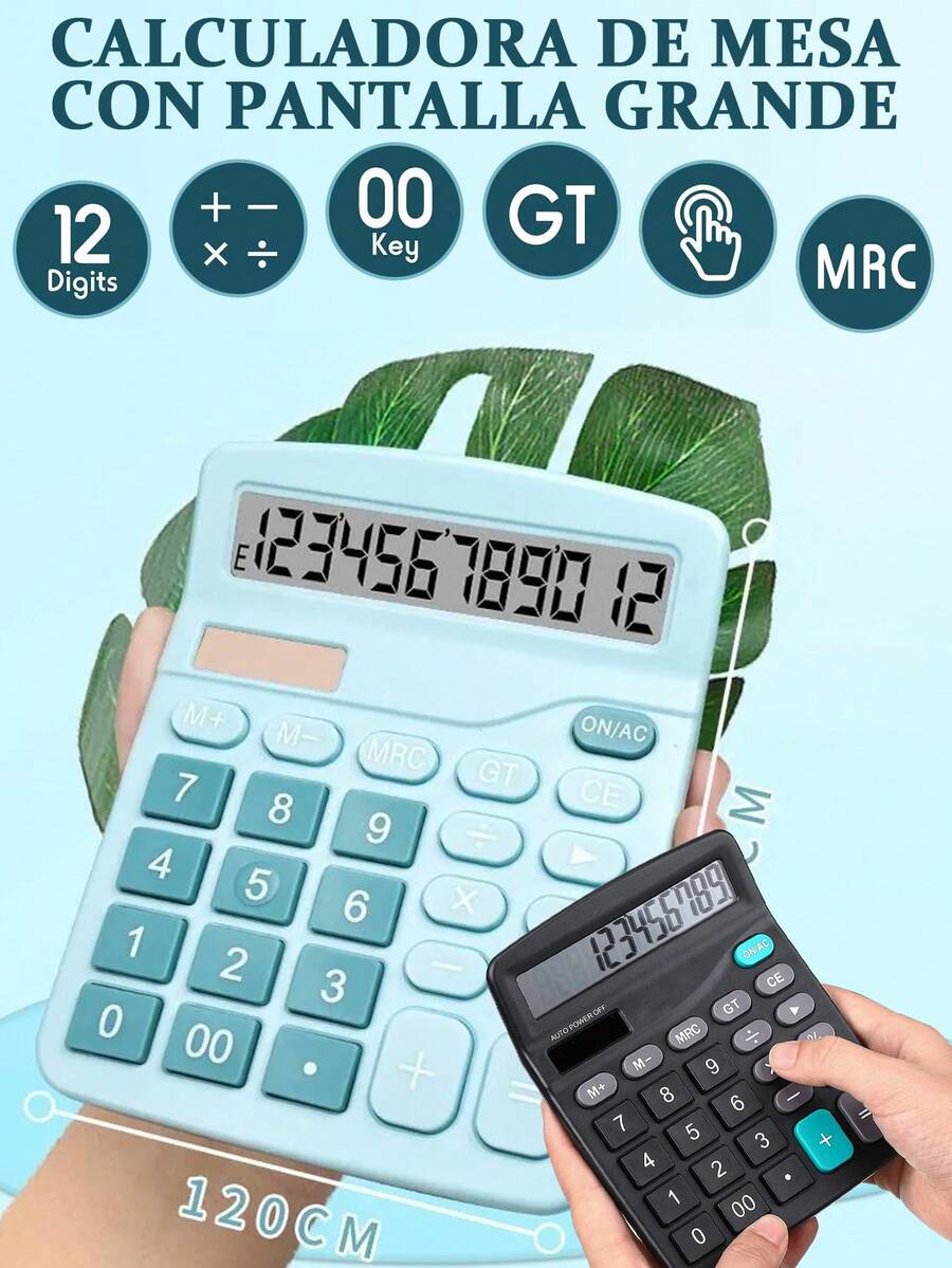 Calculadora de escritorio de 12 dígitos para oficina con pantalla LCD grande, doble alimentación solar y batería, calculadora con botones grandes empotrados para oficina, hogar y escuela .para contabilidad, finanzas, estudiantes, uso de oficina, de estilo elegante y femenino, de colores de alta gama, buen valor, útiles escolares. - Unitalla - Ver 1