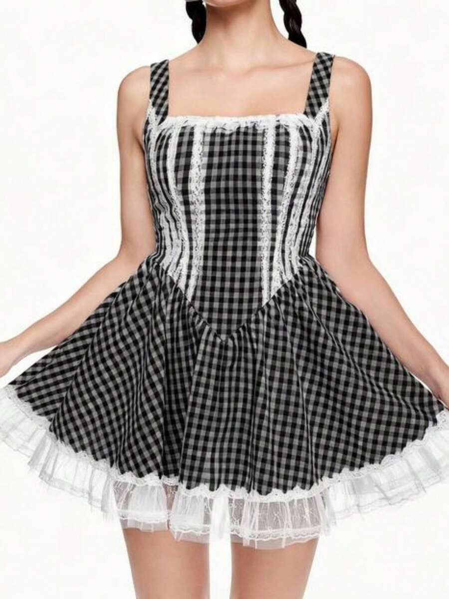 Women's Vintage Plaid Print Mini Corset Dress Halloween Costume Sleeveless Tank Dress Cosplay Outfit For Holiday Party - 黑色 - 查看 1