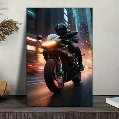 1pc 2D/Flat Retro Motorcycle City Night Scene Canvas Poster, Printed Flying Knight Racing Driver, Used For Home Office Living Room Kitchen Bedroom Cafe Decoration Art, Home Decoration, Office Decoration, Speed Theme, City Night Scene, Premium Canvas, Motorcycle Poster, Knight Racing Art, Home Decorator, Office Designer, 2D Flat, Perfect For Room Decoration Vintage Frameless Wall Arts Posters