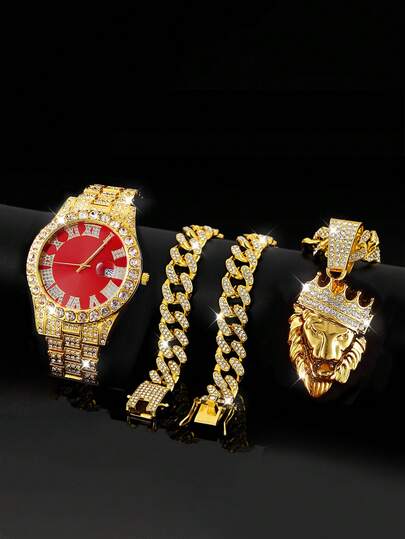 2pcs Set: Men's Business Watch With Calendar & Cubic Zirconia + Hiphop Cuban Chain Necklace With Lion Head Crown Pendant Jewelry Set