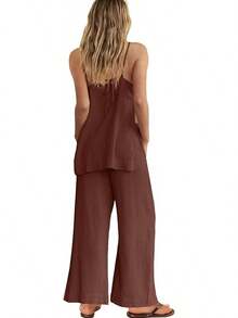 2 Piece Linen Set Summer Travel Beach Vacation Outfit Sexy Spaghetti Strap Tank Top And Pants With Pocketshalloween - Dark Brown - 查看 11