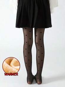 1 件加厚保暖儿童女童心形紧身裤打底裤，半透明纯色冬季保暖袜儿童连裤袜，别致秋季，舒适高腰弹力儿童女童修身加厚紧身裤（适合 5-15°C）