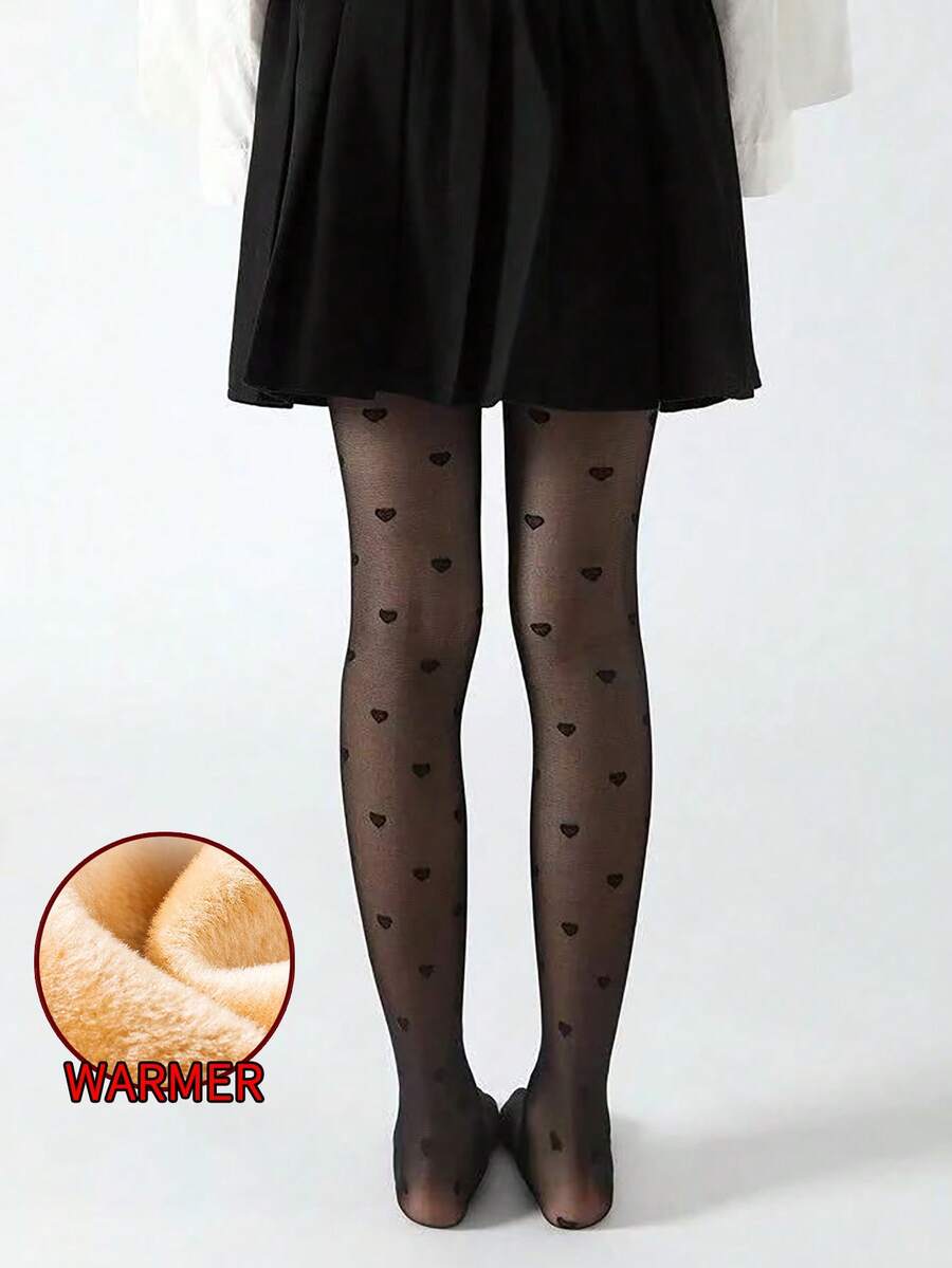 1pc Thickened Warm Heart Pattern Leggings For Girls, High Waist Elastic Slim Fit Thickened Leggings (Suitable For 5-15°C) - Black - View 1