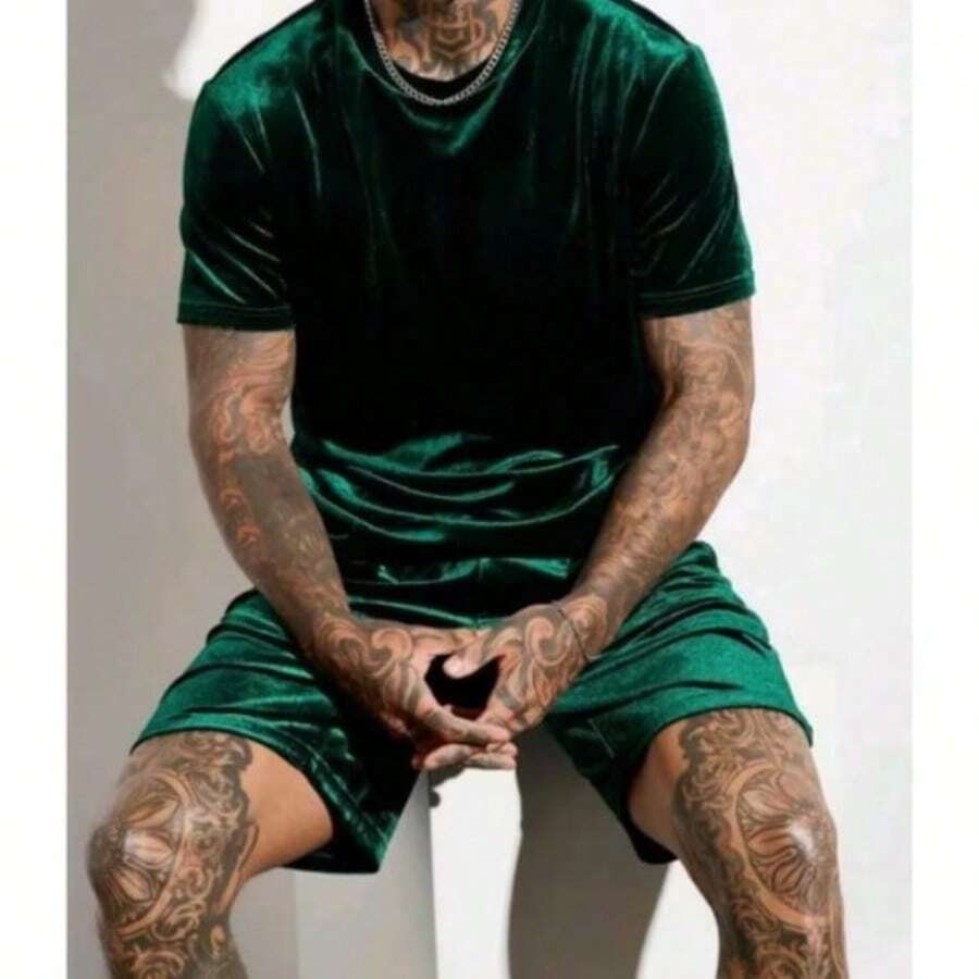 Luxury Velvet Set, T-Shirt And Bermuda Star Simple Loose Summer - Army Green - View 1