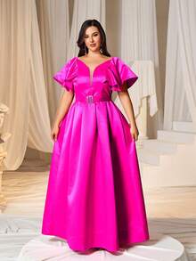 Robe de soirée élégante à col en cœur pour femmes grandes tailles, avec manches fluides et jupe évasée, taille ornée de perles et de sequins, buste ajusté. Convient pour les dîners de gala, mariages, tapis rouges, soirées d'opéra, galas de bienfaisance et autres occasions formelles. - Rose vif - Voir 1