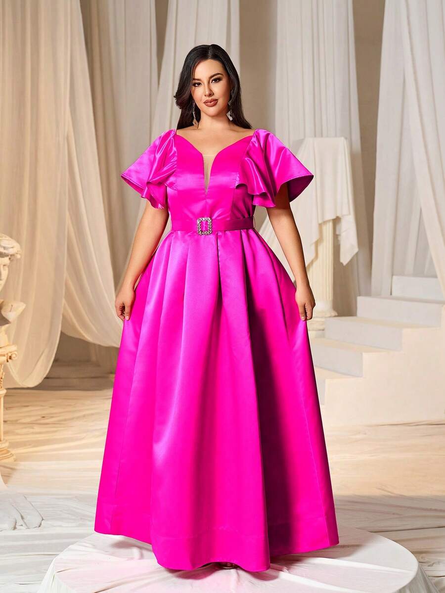 Robe de soirée élégante à col en cœur pour femmes grandes tailles, avec manches fluides et jupe évasée, taille ornée de perles et de sequins, buste ajusté. Convient pour les dîners de gala, mariages, tapis rouges, soirées d'opéra, galas de bienfaisance et autres occasions formelles. - Rose vif - Voir 1