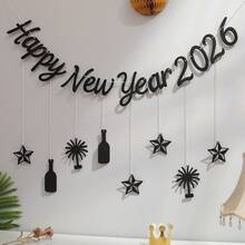 2026 SZCZĘŚLIWEGO NOWEGO ROKU, dekoracyjny baner na imprezę, czarno-złote litery, cyfry, butelka wina, fajerwerki, zegar, chorągiewka, zestaw ścienny - Wielokolorowe - Zobacz 14