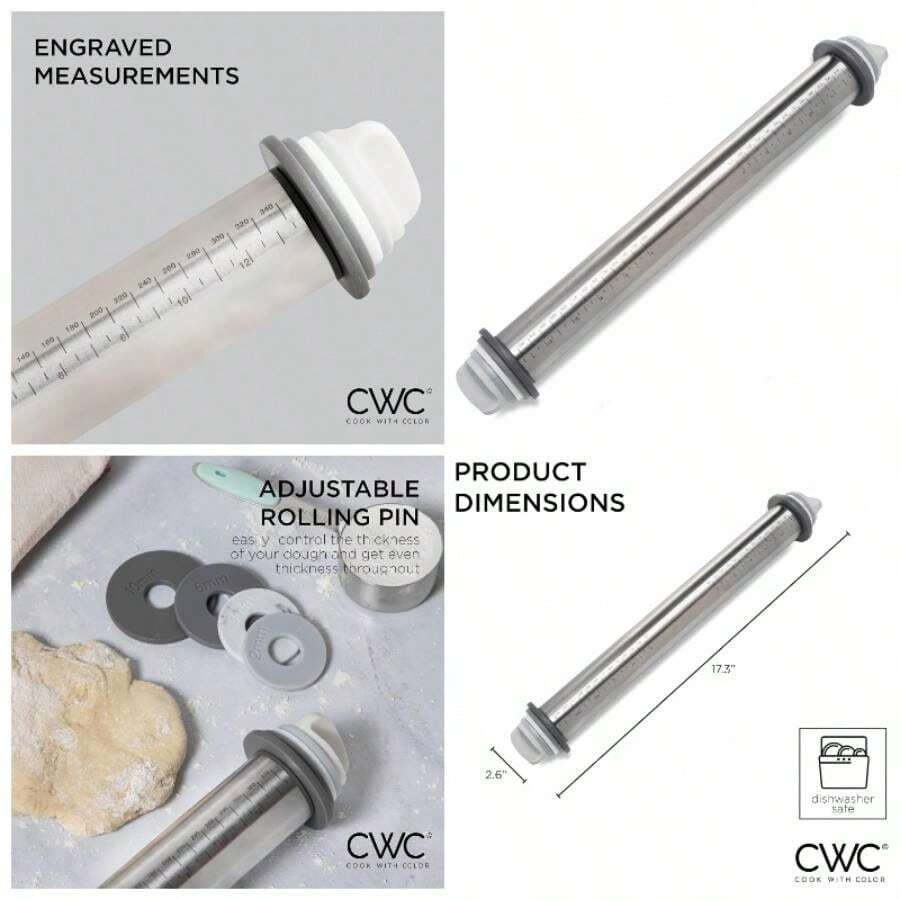- Rodillo ajustable con anillos de grosor - Rodillo de acero inoxidable con bandas de silicona - Rodillo para hornear fondant, masa de pasta, pasta, galletas, pizza gris - Gris - Ver 1