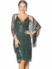 Metme Women's 1920s Scarf Wraps Sequin Deco Fringed Wedding Cape Evening Shawl Vintage Promhalloween - 3-đen - Xem 4