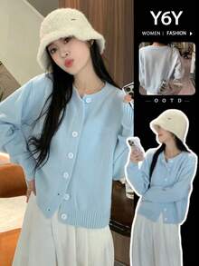 秋冬女士柔软针织宽松开衫，百搭 - 藍色 - 查看 5