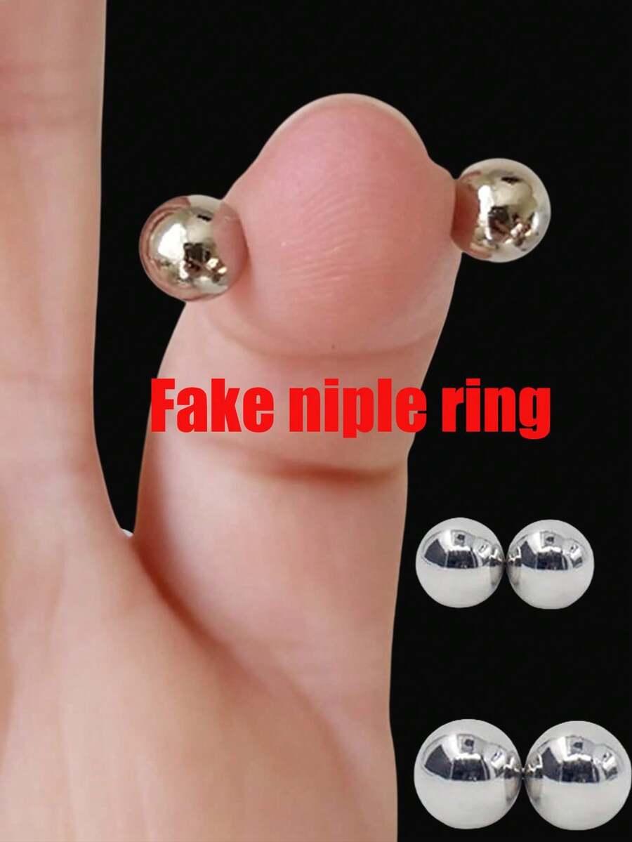 1对女士夹式假乳环，精致银色仿乳环，无需穿孔 - Silvery - 查看 1