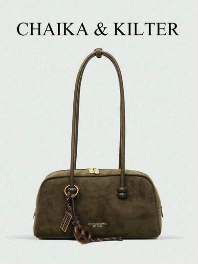 CHAIKA & KILTER 1 件纯色绒面革单肩包，女士复古时尚大容量保龄球包，双手柄设计带拉链开合，适合日常和户外使用（与吊坠一起出售）