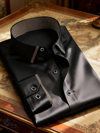 Camisa de vestir formal de negocios para hombre - Bloqueo de color a rayas, Ajuste slim, Poliéster, Todo el año, Tejido, Peso de tela 120g/㎡, Ligeramente elástico, Cuello extendido, Talla adulto