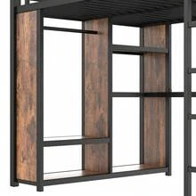 Queen Size Loft Bed With Built-In Wardrobe, Desk And Storage Shelves, Metal Loft Bed Frame In Woodgrain Finish - 木材+MDF+金屬+大床 - 查看 8