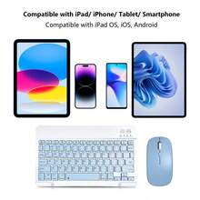 Tablet Wireless Keyboard And Mouse Combo, Compatible With Mainstream Tablets Such As IPad, Android, And Microsoft Devices. Also Works With Smartphones And Laptops. The 10-Inch Keyboard Is Lightweight, Ultra-Thin, And Portable. The Mouse Features Dual-Mode Connectivity (2.4G BT Receiver And Wireless Mode), With 3-Level DPI Adjustment. Includes A High-Capacity Rechargeable Battery. And Supports Fast Pairing. - Blue - View 1
