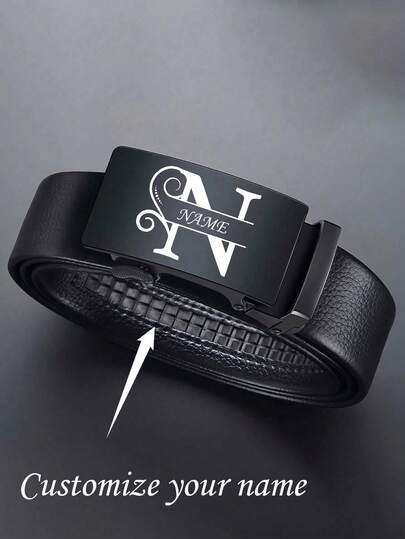 1pc Personalized Laser Engraved Men's Belt With Automatic Buckle, Faux Leather Waistband, Classic Black Fashion Trouser Belt