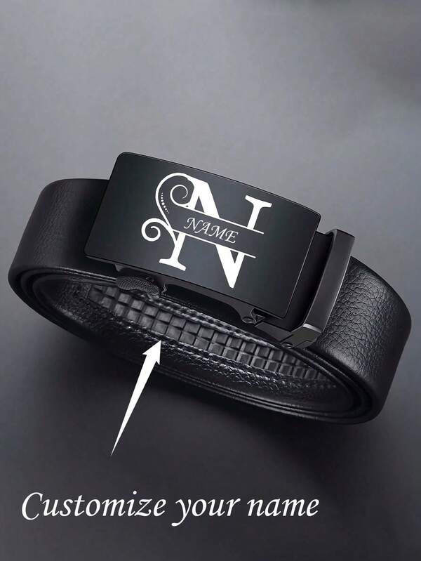 1pc Personalized Laser Engraved Men's Belt With Automatic Buckle, Faux Leather Waistband, Classic Black Fashion Trouser Belt