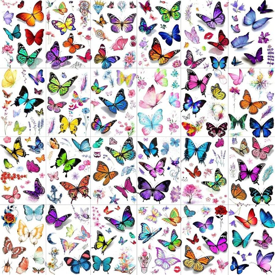 24 Sheets 155+ PCS 3D Colorful Butterfly Temporary Tattoos For Women Arm Boobs, Watercolor Butterfly Tattoos Stickers, Long Lasting Small Fake Tattoos For Kids Girls Adult Neck  Lavender - 蝴蝶 - 查看 1